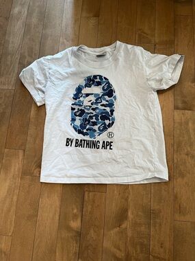 Bape White Tee with Blue Camo Ape Head